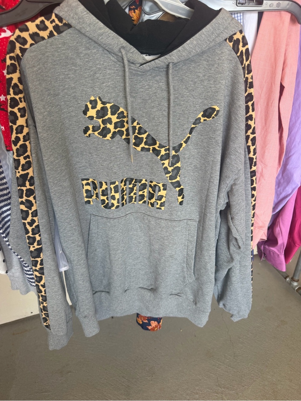 Puma Gray Hoodie with Leopard Print Logo and Sleeve Panels